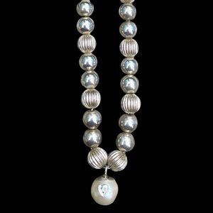 Sterling silver beaded pearl w diamond necklace